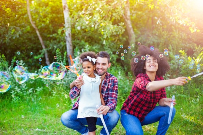 Happy Family Playing Soap Bubbles in Park